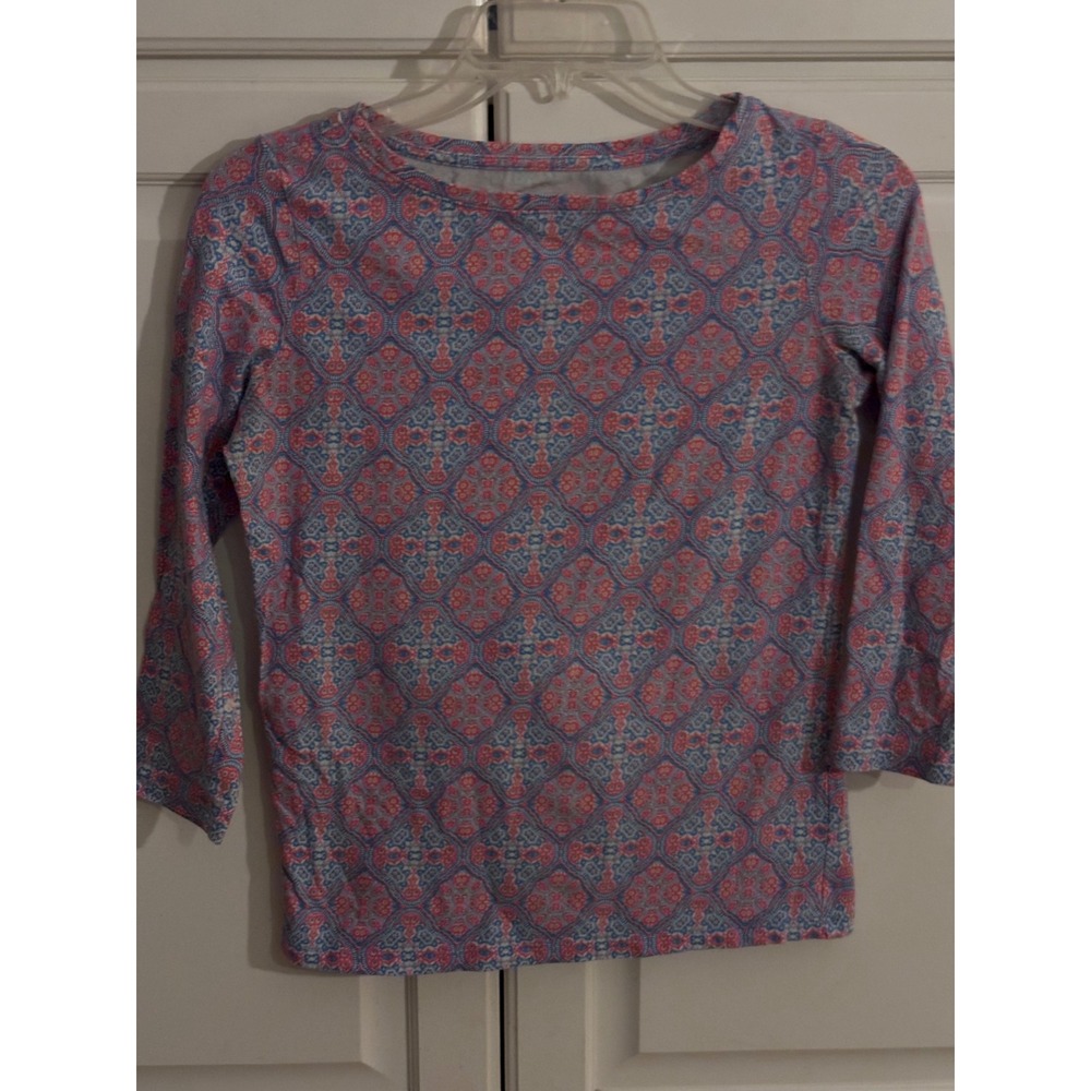 Talbots Petites Red Blue Geometric Medallion Print Long Sleeve Tee Shirt P